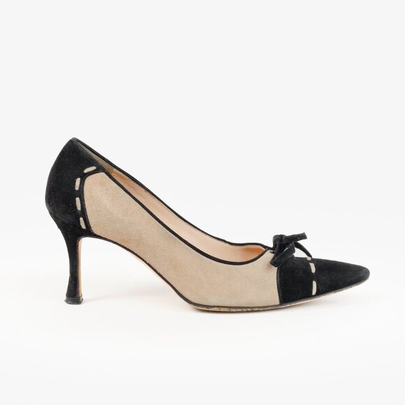 Manolo Blahnik Beige and Black Suede Bow Accent Pumps - Picture 1 of 10